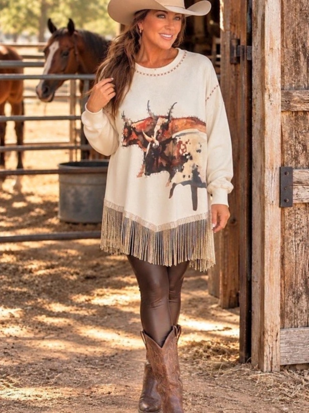 Double D Ranch Chief Many Horns Fringe Tunic Top Cream & Brown